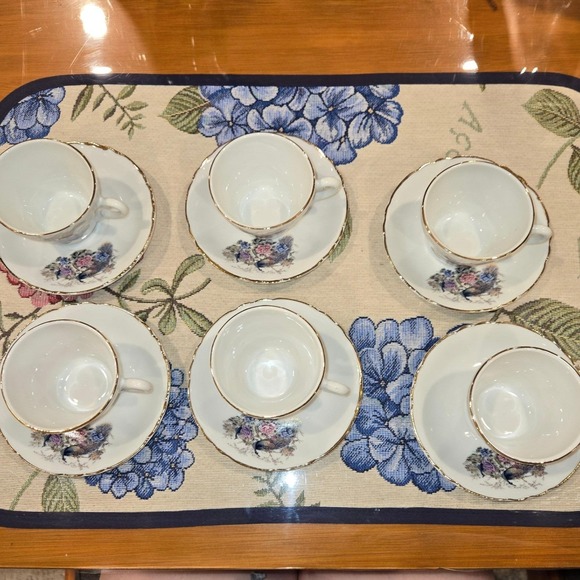 Heisei Japan Peacock Floral Porcelain Tea Set 15pc Gold Trim Teapot Cups Saucers - Picture 10 of 16